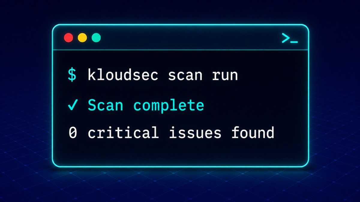 kloudsec CLI terminal running a scan with zero critical issues found