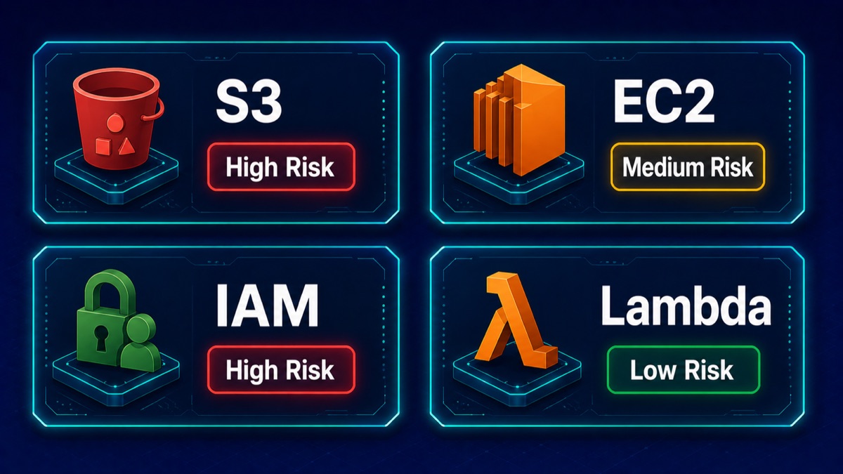 KloudSec security cards showing risk levels for S3, EC2, IAM, and Lambda